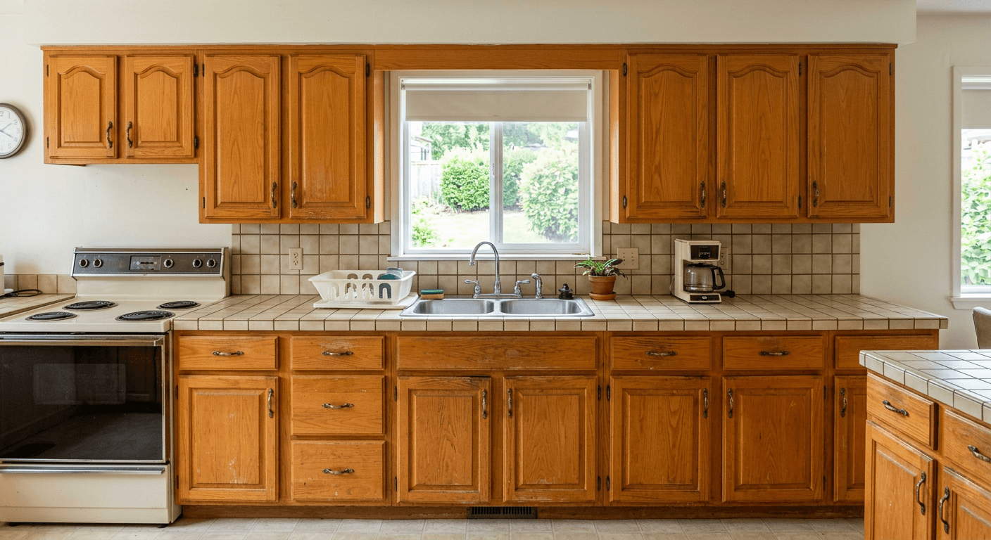 Dated honey-oak kitchen cabinets before refinishing